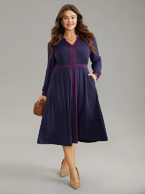 Contrast Notched Gathered Elastic Waist Dress Tunics Bestseller popular