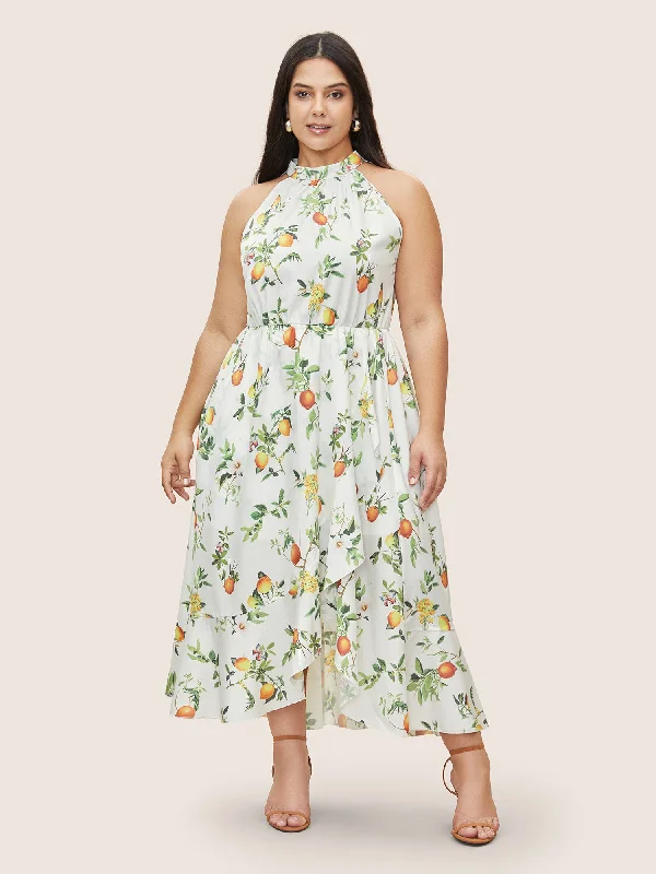 Citrus Lemon Print Elastic Waist Halter Neck Dress Tunics Fashionable chic