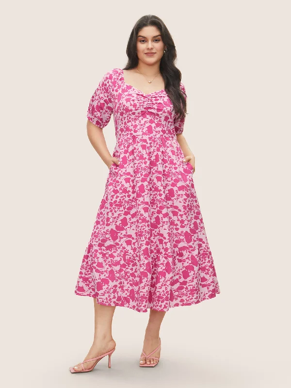 Silhouette Floral Print Ruched Lantern Sleeve Dress Tunics Cozy comfortable