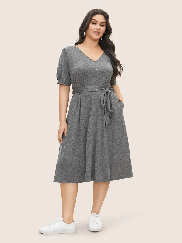 Plain Button Detail Lantern Sleeve Belted Dress Tunics Polka dots