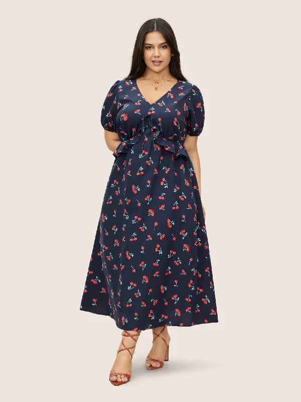 Citrus Fruit Print Tie Knot Gathered Puff Sleeve Dress Cowl Neckline Elegant