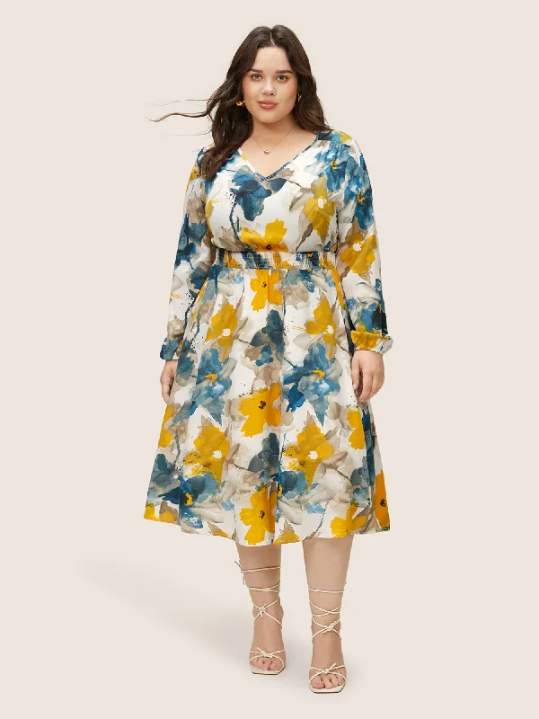 Floral Print Pocket Shirred Elastic Waist Dress Tunics Sophisticated sleek