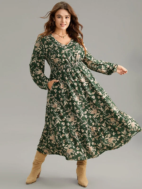 Floral Shirred Pocket Lantern Sleeve Dress Tunics Designer luxury