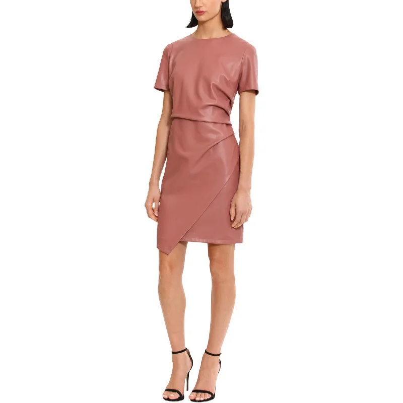 Donna Morgan Womens Faux Leather Ruched Cocktail And Party Dress Turtleneck Warm Winter