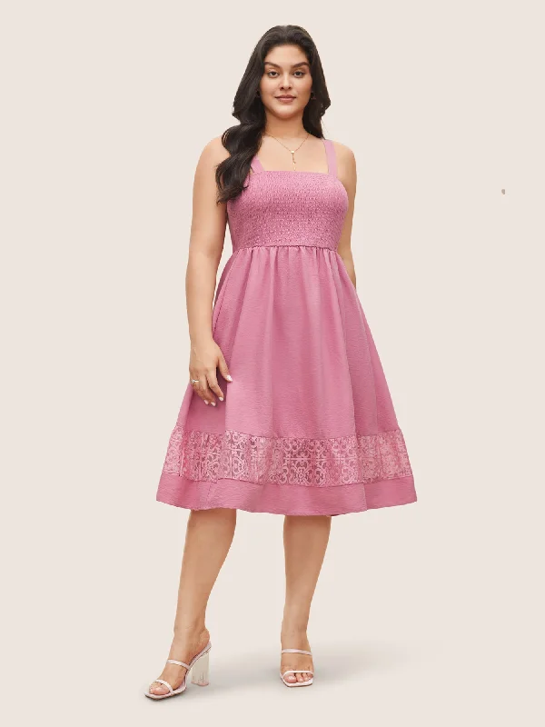 Solid Shirred Pocket Contrast Lace Cami Dress Tunics Denim casual