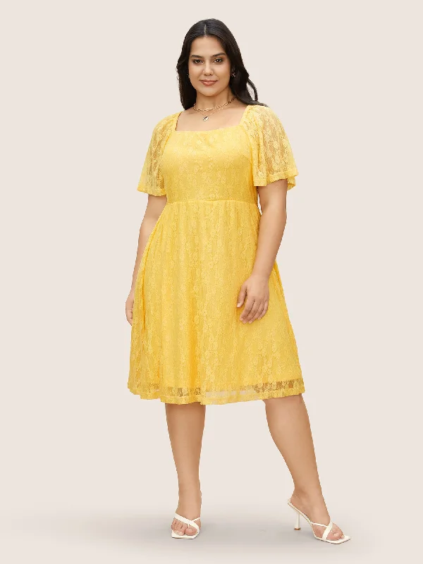 Crochet Lace Mesh Ruffle Sleeve Dress Tunics Trousers formal