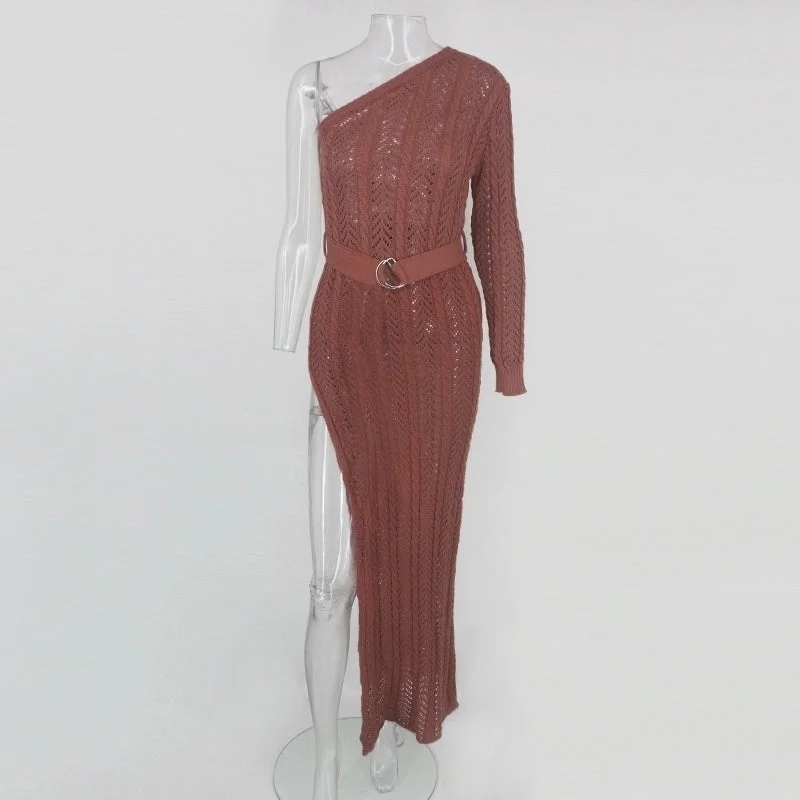 Knitted Women Long Dress One Shoulder Hollow Out Maxi Dress High Split Party Dresses Women Sexy Bodycon Clubwear Tunics Fall fleece