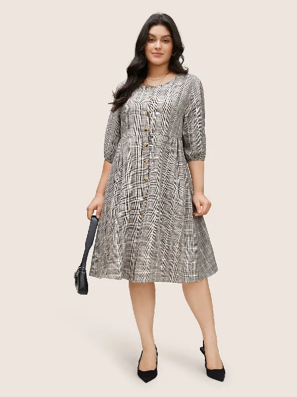 Plaid Button Detail Pocket Lantern Sleeve Dress Tunics Modern contemporary