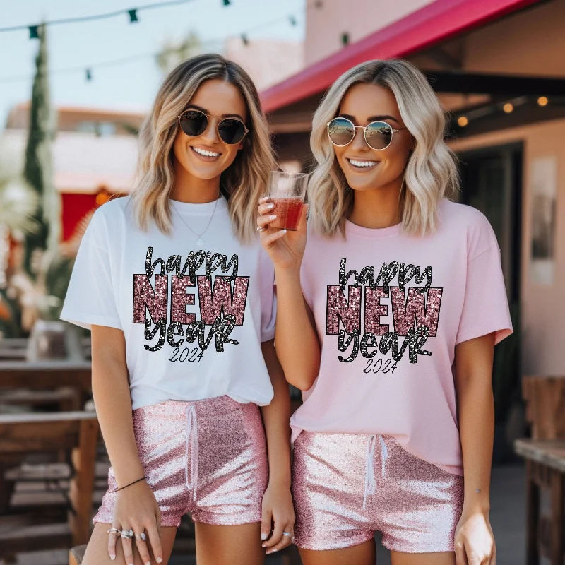 Happy New Years 2024 Pink Sequins Eve Shirt New Year Sweatshirt NYE glitter shirt Hoodie with Emblem Brand Identity