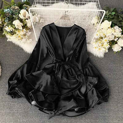 CityHottie - White Party Evening Dress for New Year Women Satin Silk Mini Long Lantern Sleeve Elegant Short Casual Dresses empire Waist empire
