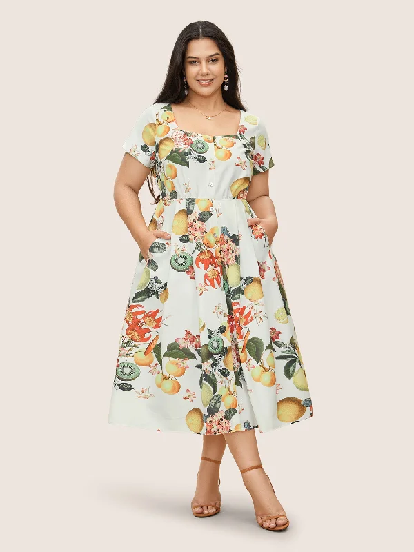 Citrus Square Neck Fruit Print Button Detail Dress Shift Classic Vintage