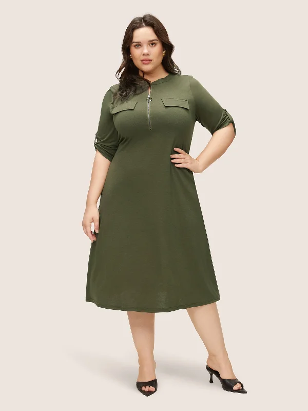 Plain Half Zip Flap Detail Tab Sleeve Dress Tunics Hiking breathable