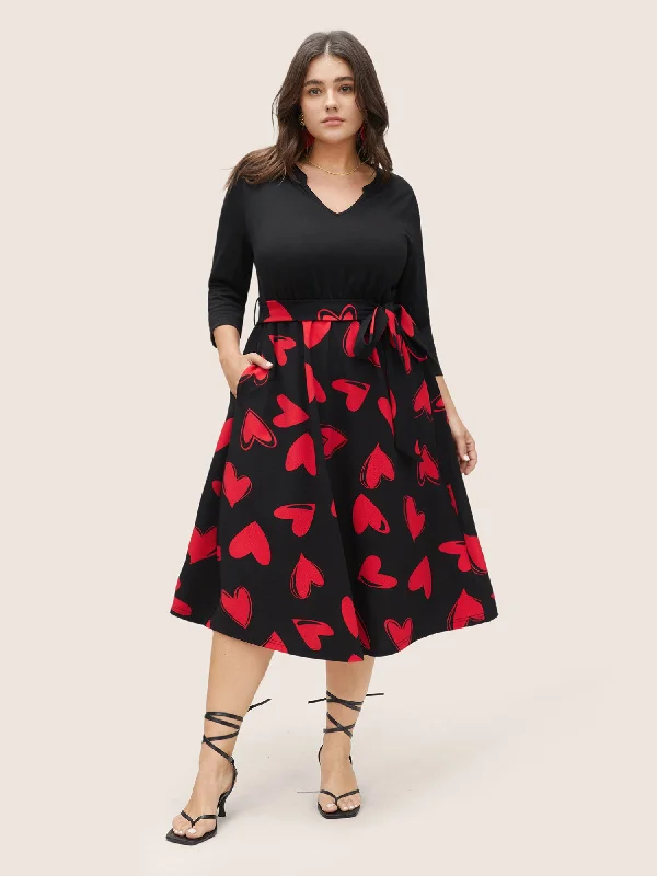 Heart Print Notched Belted Patchwork Dress Tunics Cozy soft
