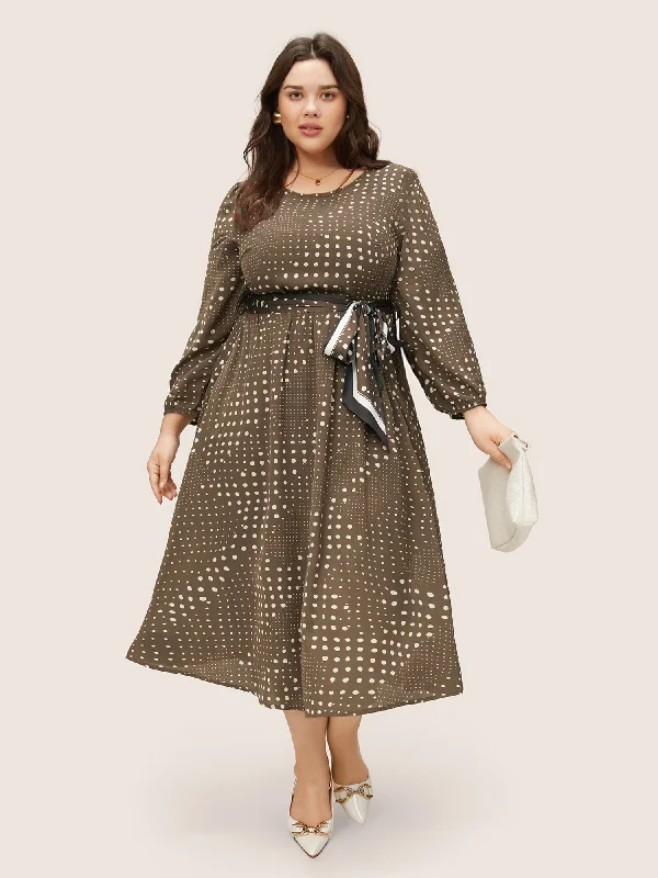 Polka Dot Scarf Belted Keyhole Lantern Sleeve Dress Tunics Versatile stylish