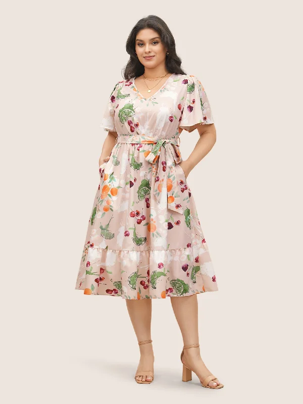 Citrus Fruits Print Elastic Waist Belted Pocket Dress Tunics Travel practical