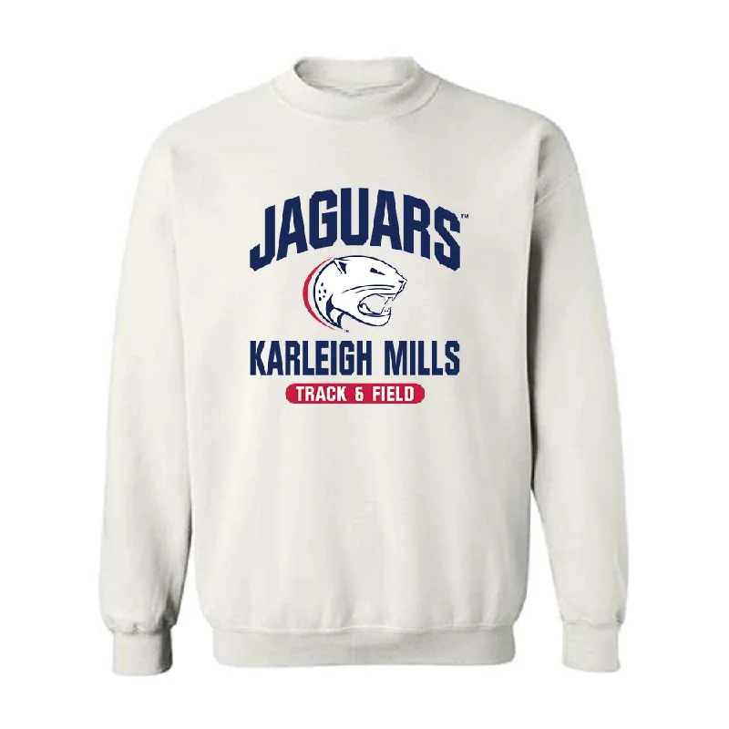 South Alabama - NCAA Women's Track & Field : Karleigh Mills - Classic Fashion Shersey Crewneck Sweatshirt Hoodie with Stripes Bold Sporty