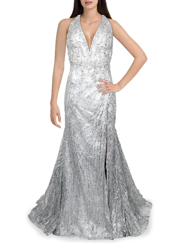 Womens Sequined Maxi Evening Dress Boatneck Modish Everyday