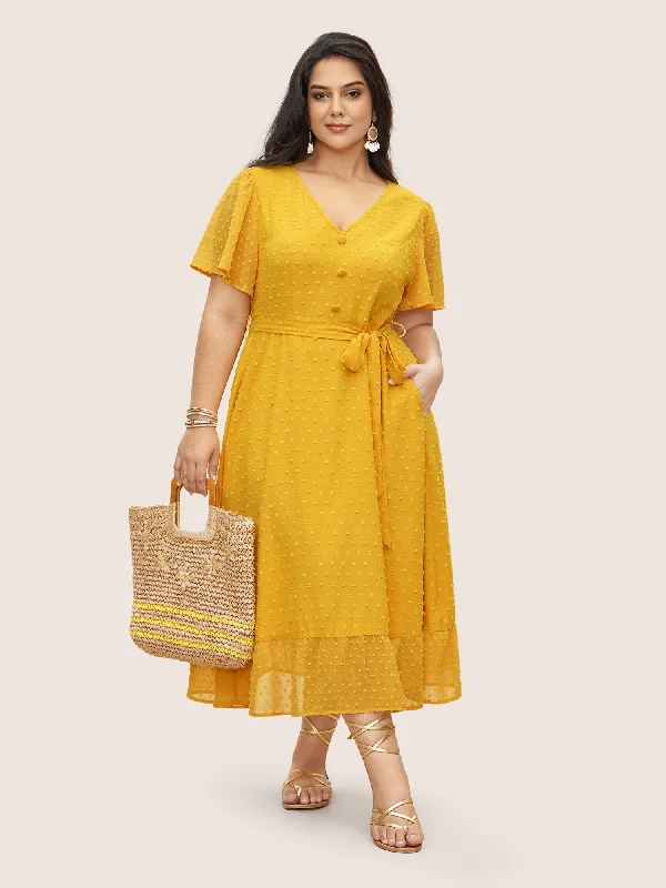 Citrus Texture Ruffle Sleeve Button Detail Dress Tunics Fashionable trendy