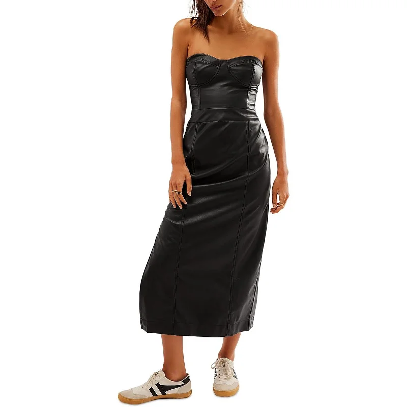 Free People Womens Mira Faux Leather Midi Cocktail And Party Dress Tunics Stylish modern