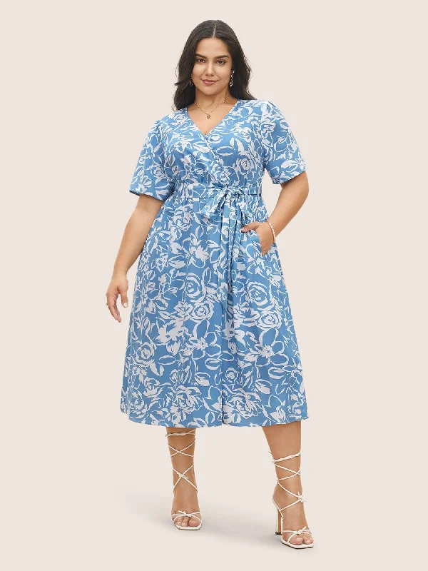 Silhouette Floral Print Pocket Wrap Belted Dress Tunics Bridal satin