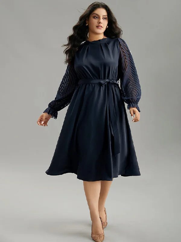 Twill Mesh Patchwork Belted Plicated Detail Dress Tunics Bridal satin