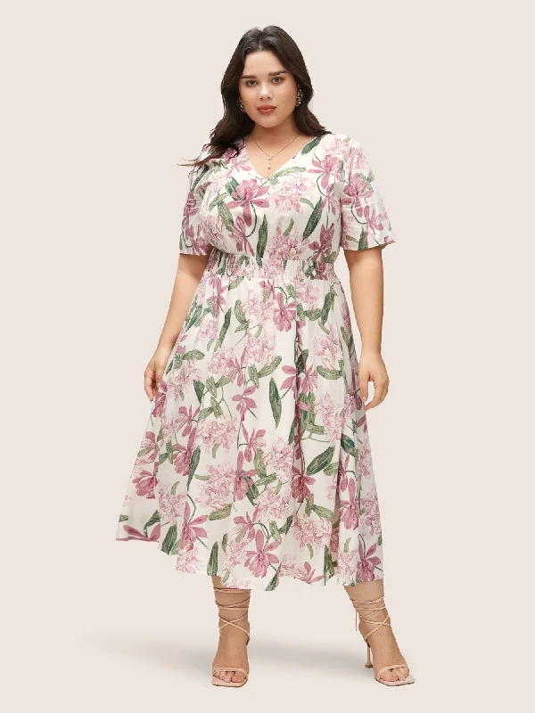 Floral Print Elastic Waist Shirred Dress Maxi Flowy Bohemian