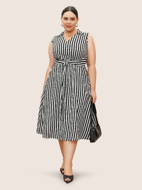 Striped Shirt Collar Sleeveless Tie Dress Tunics Chinos classic