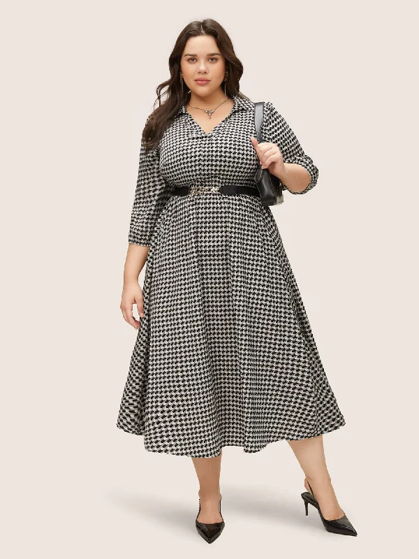 Geometric Colorblock Lapel Collar Elastic Waist Dress Tunics Sophisticated sleek