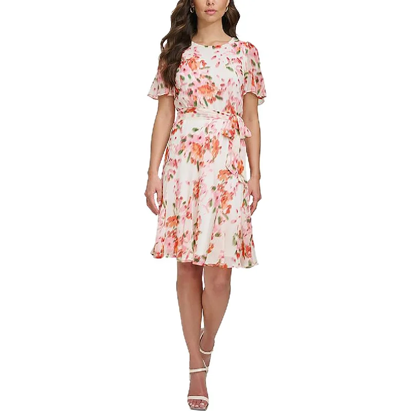 DKNY Womens Petites Chiffon Floral Cocktail And Party Dress Glittery Long Formal