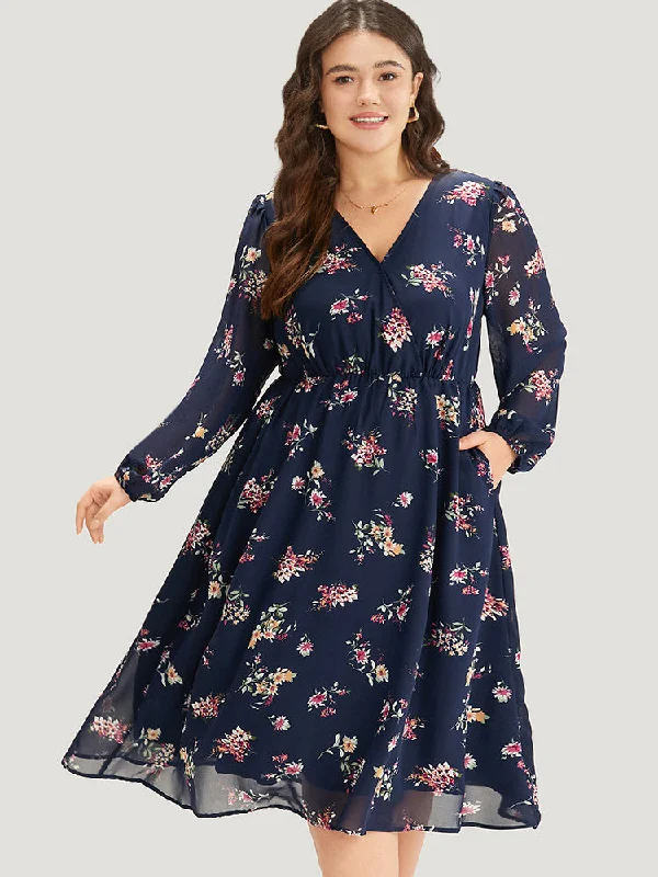 Floral Print Surplice Neck Lantern Sleeve Mesh Dress Tunics Travel practical
