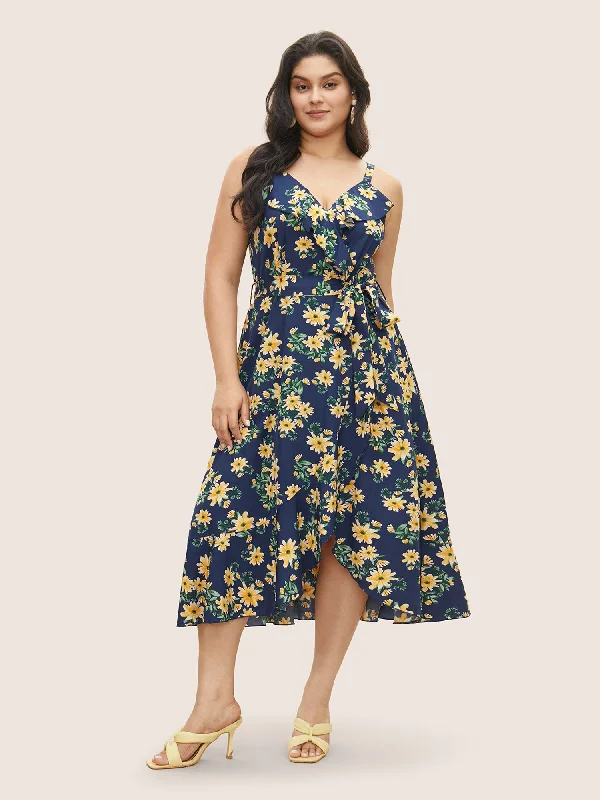 Floral Print Ruffle Trim Belted Cami Dress Tunics Trendy modern