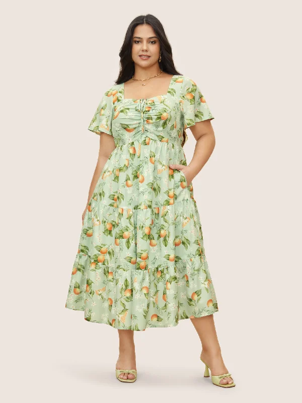 Citrus Orange Print Heart Neckline Drawstring Gathered Dress Tunics Sophisticated sleek