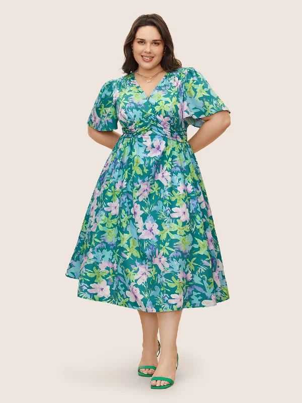 Floral Print Pleated Ruffle Sleeve Dress Tunics Silk luxurious