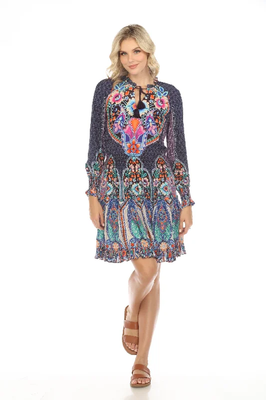 Johnny Was Saba Smocked Long Sleeve Swim Cover-Up Dress CSW5721-J Boho Chic Tunics Yoga stretchy