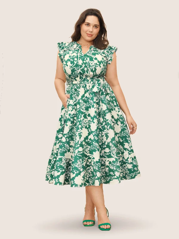 Silhouette Floral Print Ruffle Cap Sleeve Dress Tunics Fleece cozy