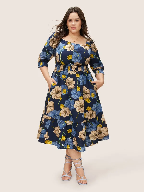 Floral Print Square Neck Shirred Cuffs Dress Tunics Fashionable trendy