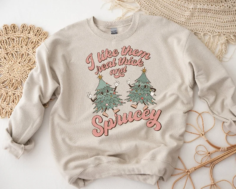 Retro Christmas Funny Sweatshirt Thick and Sprucey Hoodie with Drop Shoulder Relaxed Streetwear
