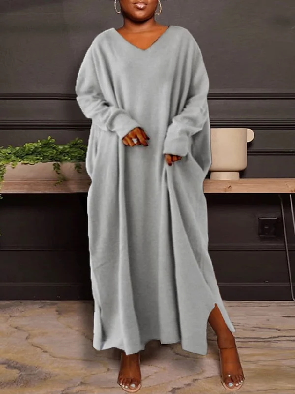 CityHottie - Women's Plus Size Casual Dress Solid Color V Neck Long Sleeve Winter Fall Basic Casual Maxi long Dress Daily Vacation Dress Casual Short Summer