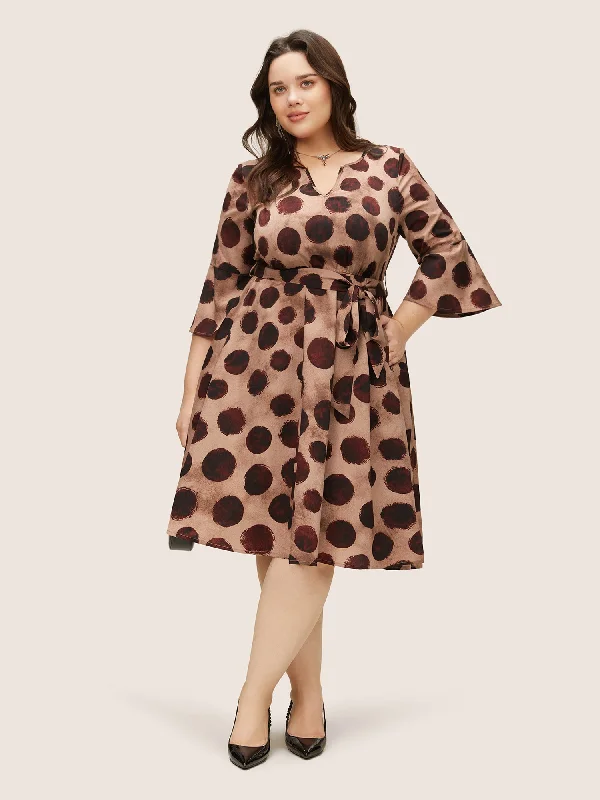 Geometric Notched Bell Sleeve Belted Dress Tunics Yoga stretchy