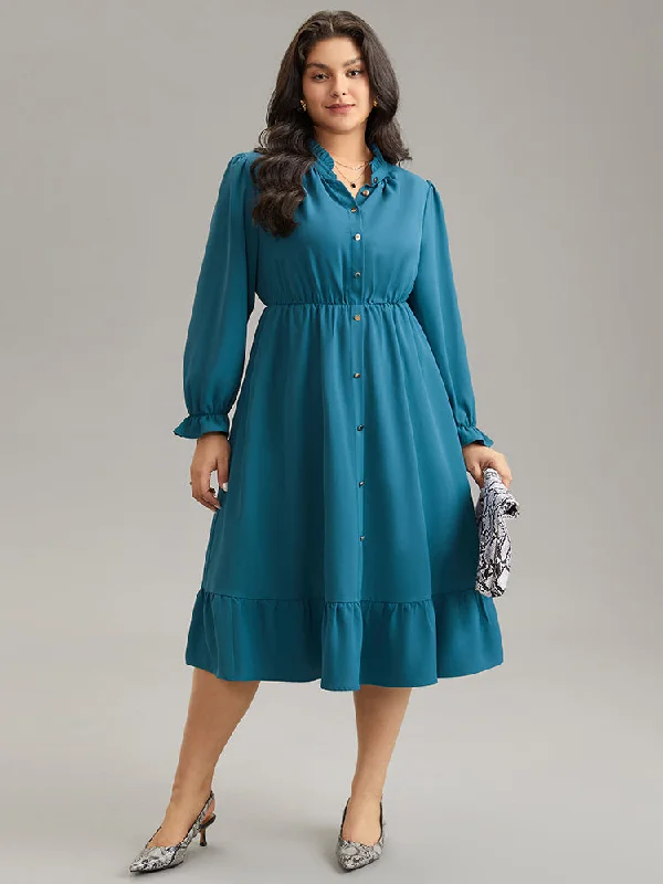 Static-Free Stand Collar Pleated Ruffles Dress Tunics Mesh breathable