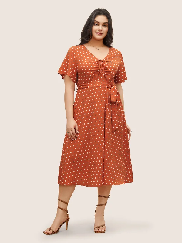 Polka Dot Drawstring Belted Ruffle Sleeve Dress Tunics Fleece cozy