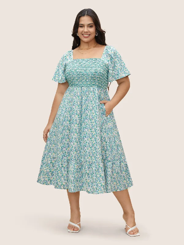 Square Neck Ditsy Floral Shirred Ruffle Sleeve Dress sweetheart Neckline Romantic