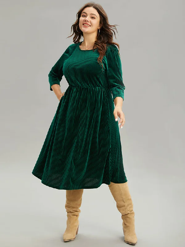 Plain Velvet Elastic Waist Pocket Crew Neck Dress Tunics Formal black