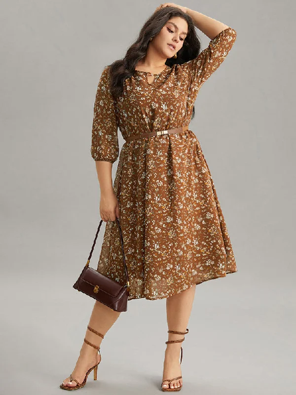 Ditsy Floral Cut Out Elastic Cuffs Dress Tunics Leisure comfortable