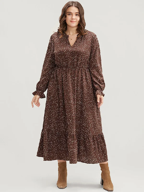 Polka Dot Pocket Lantern Sleeve Flutter Hem Dress Tunics Running lightweight