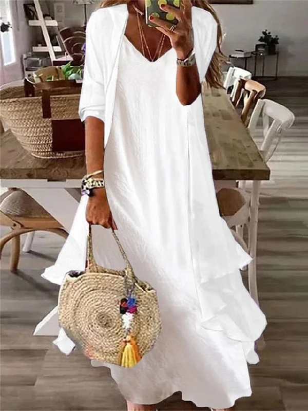 CityHottie - Women's Plain Casual Dress Cotton Linen Dress Dress Set Maxi long Dress Cotton Blend Fashion Elegant Outdoor Daily V Neck Ruffle Layered 3/4 Length Sleeve Summer Dress Spring Fall 2024 Regular Fit Floral Print girly