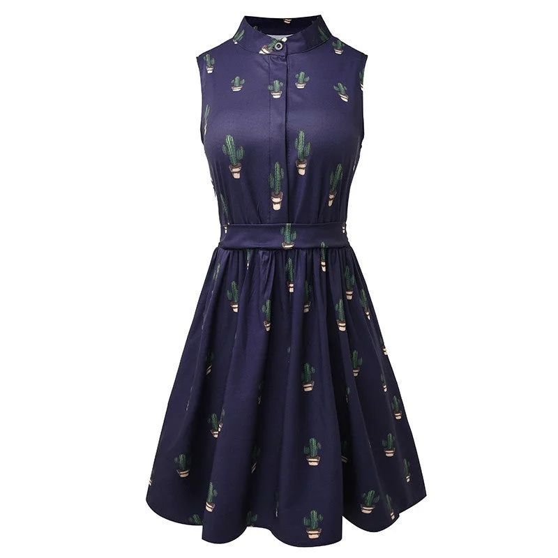Summer Women Cactus Prints Vintage Party Dresses High Waist A-Line Sleeveless Retro Mini Dress for Female Cloth Lady Vestidos Tunics Timeless classic
