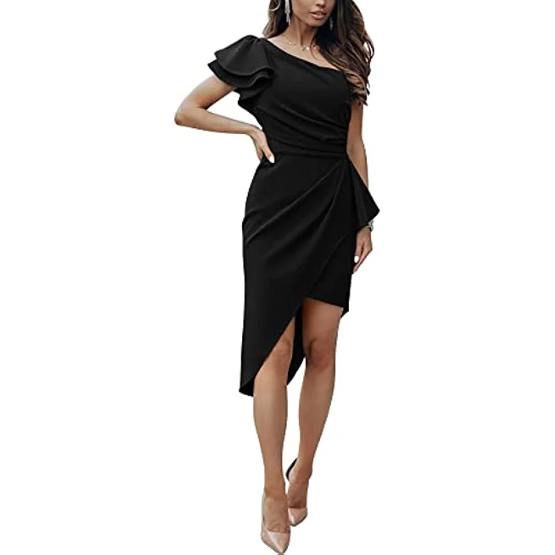 Women 2023 Summer Elegant One Shoulder Cocktail Dress Ruffle Sleeve Wrap Ruched Bodycon Short Party Dresses Tunics Occasion special