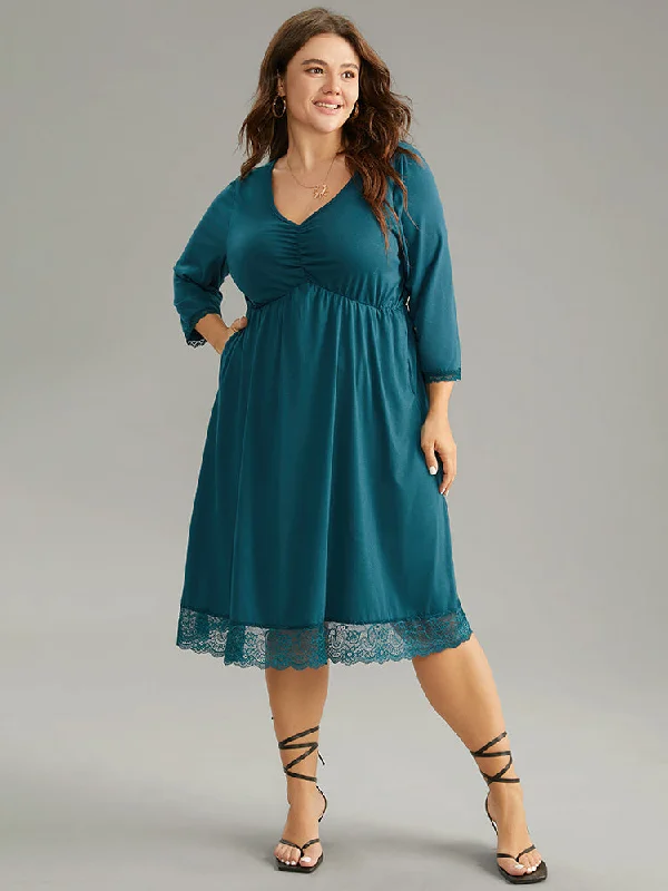 Solid Guipure Lace Ruched Elastic Waist Dress Tunics Sale discount