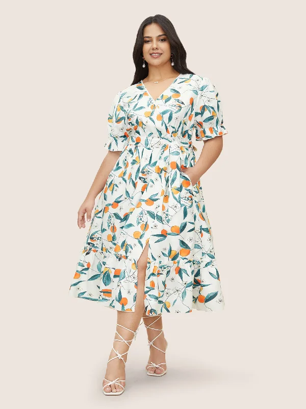 Citrus Orange Print Overlap Collar Frill Trim Split Hem Dress Halter Neckline Beach